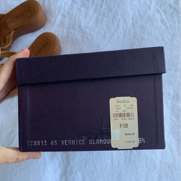 Vintage Prada Triangle Logo Wood Platform Thong Flip Flop Sandals Heels - Picture 9 of 10